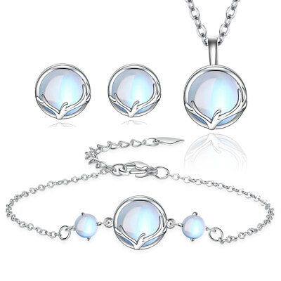 #ad 925 sterling silver bracelet necklace earrings Moonstone Antlers jewelry set $5.91
