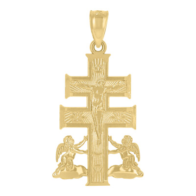 #ad 14K Yellow Gold Caravaca Cross Crucifix Angel 27.9Mm Religious Pendant Charm $200.00