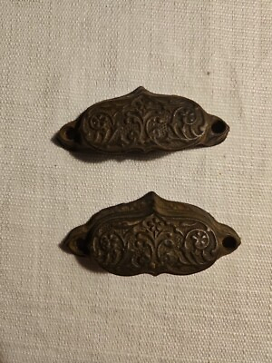 #ad Victorian Cast Iron Drawer Cup Handles Cupboard Pull Old Antique Ornate Pair $39.89