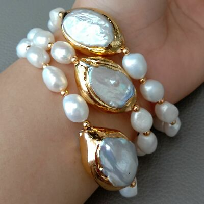 #ad 8#x27;#x27; 3 Rows Cultured White Baroque Pearl White Keshi Pearl Bracelet $22.80