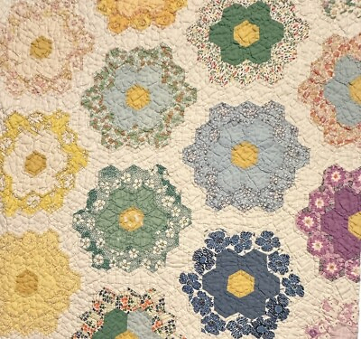 #ad Vintage Cutter Quilt Piece 20” x 21” Grandma’s Flower Garden Some Feed Sack #1 $32.96