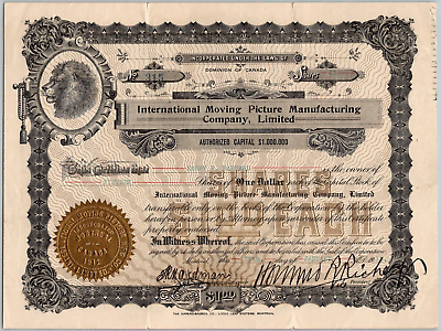 #ad International Moving Picture Manufacturing 1913 Stock Certificate Silent Movies $124.88