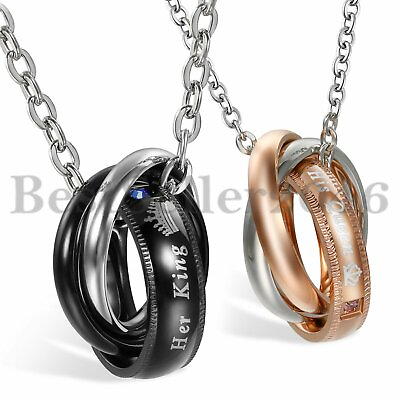 #ad 2pcs His Queen Her King Crown Ring Pendant Couple Necklace Set for Lover Couple $11.99