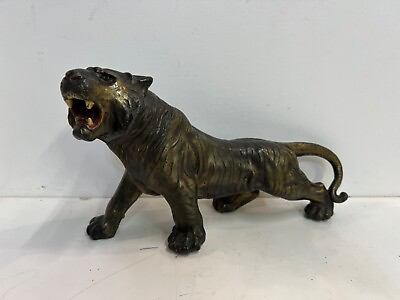 #ad Vintage Bronze Roaring Tiger Decorative Sculpture with Colored Mouth amp; Eyes $250.00
