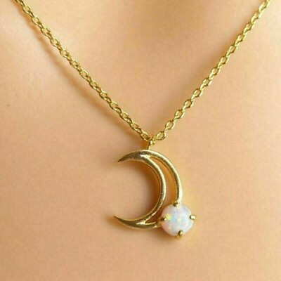 #ad 2Ct Round Cut Lab Created Opal Women#x27;s Moon Shape Pendant 14K Yellow Gold Plated $65.69