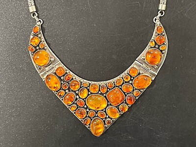 #ad Mid Century Natural Baltic Amber Sterling Silver Necklace 119gr Bib Statement $775.00