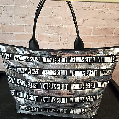 #ad Victoria#x27;s Secret Sequin Bling Silver Black Canvas Tote Weekender Bag Gym Travel $14.99