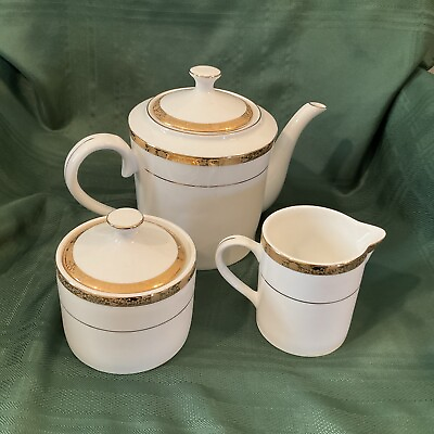 #ad Vintage China Pearl Imperial Tea Pot Cream amp; Sugar White Gold Trim Classic MCM $35.00