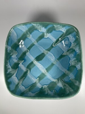 #ad Vintage Dryden Arkansas Pottery Large Drip Glaze Square Bowl 8x8 Blue Green $24.00