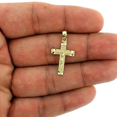 #ad Mens Real 10K Yellow Gold Diamond Cut Jesus Crucifix Cross Charm Pendant $79.99
