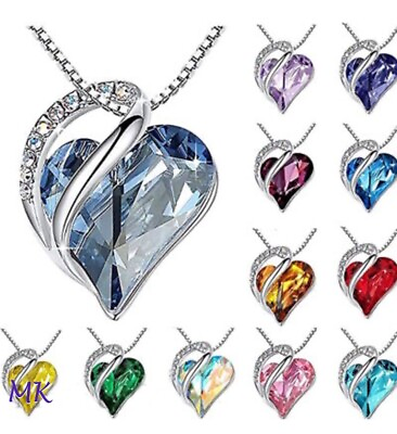 #ad Women Birthstone Heart Silver Necklace Love Crystal Pendant Lady Fashion Gift $4.75
