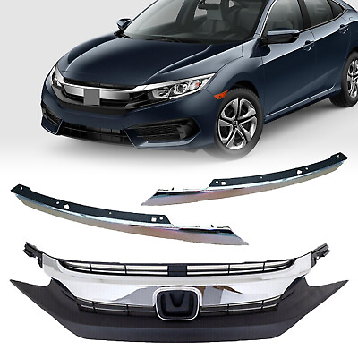 #ad Fit 2016 2017 2018 Honda Civic Front Upper Grille Grill W Chrome Eyelid Molding $78.83