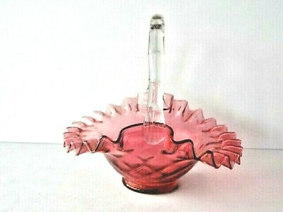 #ad Unique Antique Depression Glass flower Basket Rose to Clear glass 6.5quot;x7quot;x5quot; $34.95