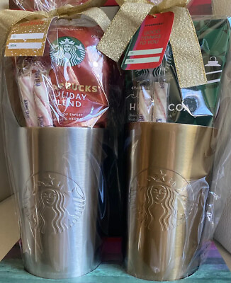 #ad 2 Starbucks Siren Tumblers Gold Silver Holiday Gift Coffee Cocoa 18 Oz. Cup Lids $29.00