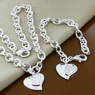 #ad 925 Sterling Silver Filled Double Heart Necklace Bracelet Women Jewelry Sets $9.61