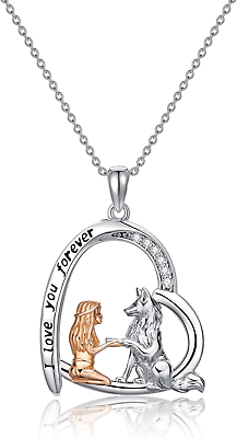 #ad Wolf with Girl Heart Forever Love Necklace Sterling Silver Pendant Gifts Women $85.46