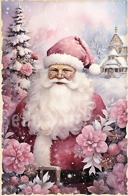 #ad Shabby Chic Pink Christmas #10 Holiday Santa Craft Sewing Cotton Fabric Block $12.95