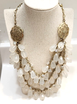 #ad Gold Layered Bib Necklace W Clear Frosted Stones $15.00