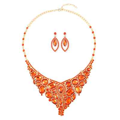 #ad Magic Color Simulated Glass Orange Crystal Earrings Necklace Jewelry Set Gift $14.51