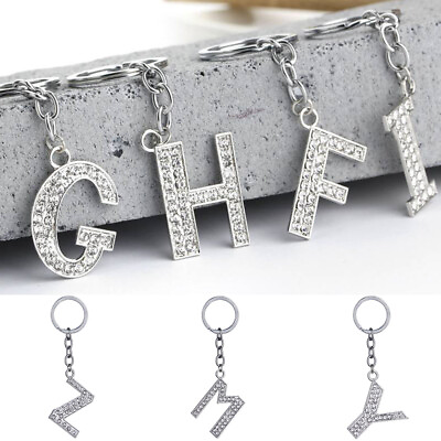 #ad Alphabet Keyring Crystal Name Ring KeyChain A Z Initial Letter Silver Stud $6.74