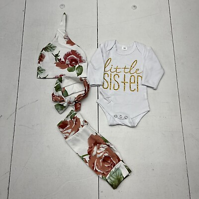 #ad White amp; Floral “Little Sister” 4 Piece Set Girls Size Newborn NEW $10.00