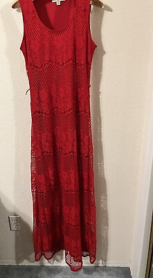 #ad Maxi Dress Red Crochet Lace Overlay Sleeveless Sz 8 Boho Saragano Bohemian BOHO $16.50