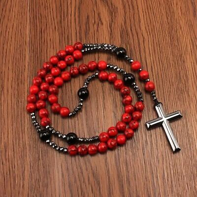 #ad Cross Necklace Men 8Mm Red Pine Stone Black Agate Gallstone Rosary Chain Men New $12.99