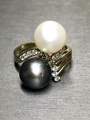 #ad Estate 14K Diamond Tahitian Cream Pearl Bypass Ring Sz 8.5 $630.00