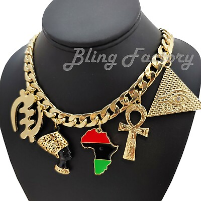 Egyptian NEFERTITI amp; ANKH amp; AFRICA amp; ANAME amp; PYRAMID 18quot; Cuban Chain Necklace $19.99