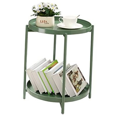 #ad 2 Tier Green Side Table Folding Round Metal End Table Small Dark Green $73.58