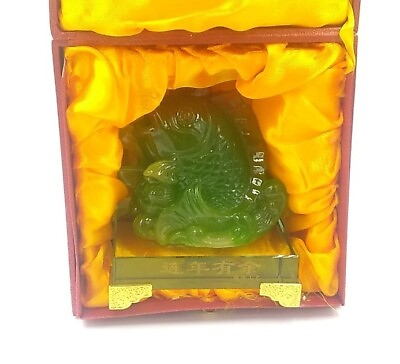 #ad Vintage jade color Koi Money Fish Resin amp; Glass Statue Figurine Lined Box $49.99