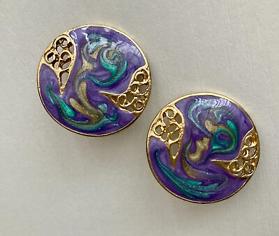 #ad Vintage 80s Aqua Teal Purple Enamel Gold Plated Earrings 1 Inch Round RARE 17g $54.00
