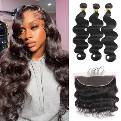#ad #ad Body Wave Human Hair Bundles with Closure 4*4 Lace Closure and 13*4 Lace Frontal $114.07