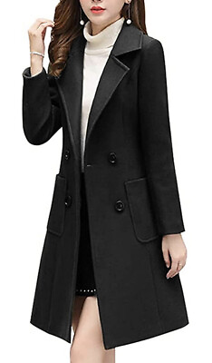 #ad Women Outwear Lapel Neck Trench Coat Ladies Slim Fit Woolen Long Sleeve Jacket L $49.00