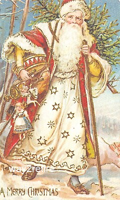 #ad Postcard Christmas Russian Santa In White Robe Holding Christmas Toys Repro. $11.99