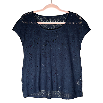 #ad Lucky Brand Womens Short Sleeve Open Knit Top Size S Navy Blue Beachy Summer $9.78