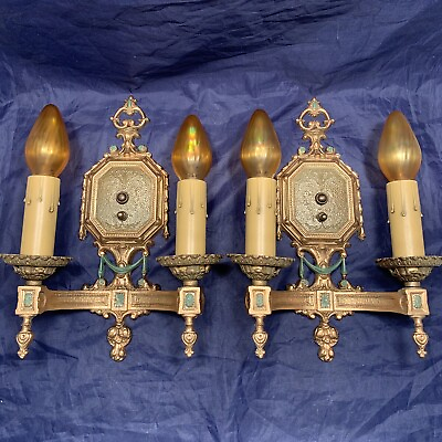 #ad Great Pair Antique Wall Sconce Two Arm Sconces Rewired Polychrome Finish 102A $900.00
