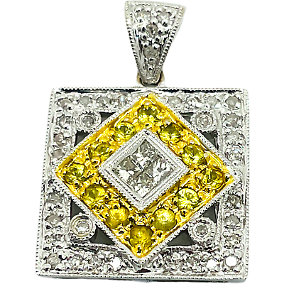 #ad 14k Solid White Gold Natural Diamond amp; Yellow Sapphire Pave Set Pendant .60CTW $473.80