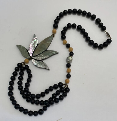 #ad VINTAGE INLAY ABALONE MOP LEAF BLACK WOODEN BEAD NECKLACE 28” $14.95