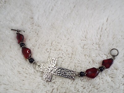 #ad Silvertone Cross Red Glass Bead Bracelet B42 $6.98
