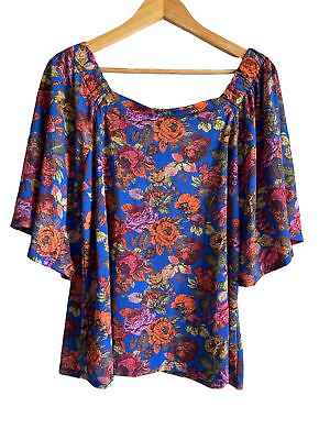 #ad NWT Easel Rose Floral Print Vibrant Stretch Peasant Top US Size Small $15.70