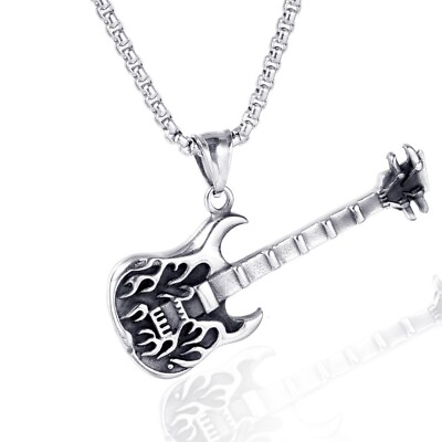 #ad Mens Rock N Roll Guitar Necklace Pendant Cool Biker Music Stainless Steel AU $20.68