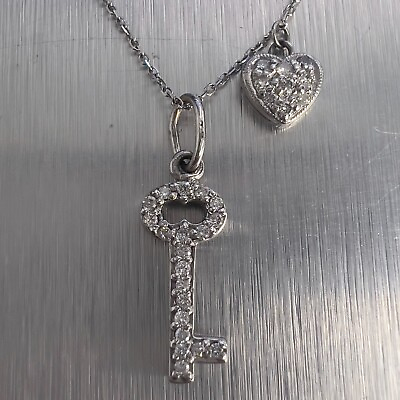 #ad 14k White Gold Diamond Skeleton Key to the Heart Pendant Necklace 18quot; 0.20ctw $325.23