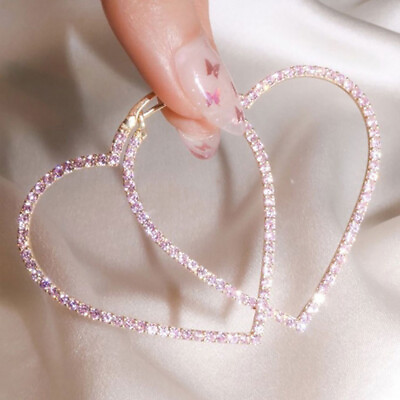 #ad Fashion Big Hoop Cute Heart Pink Crystal Earring Wedding Party Jewelry C $2.57