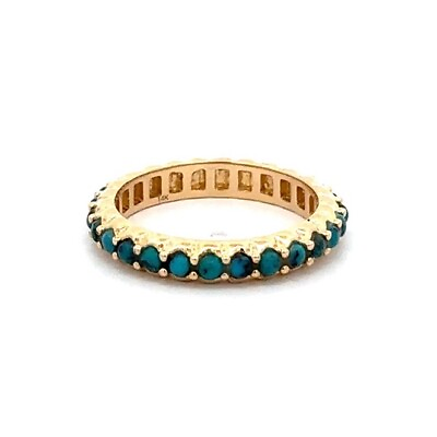 #ad Estate 14k Yellow Gold Natural Blue Turquoise Prong Eternity Stackable Band Ring $399.20