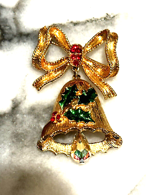 #ad MYLU CHRISTMAS Vintage Crystal Rhinestone BELL HOLLY Gold Brooch Pin SIGNED EU $16.95