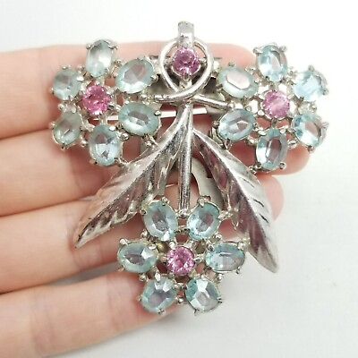 #ad Vintage Light Blue and Pink Rhinestone Flower Dress Clip Brooch Silver Tone $60.00