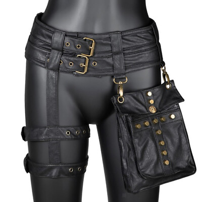 #ad Black Gothic Punk Bag Leather Steampunk Waist Motorcycle Purse Belt Hip Packs $43.25