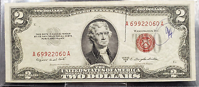 #ad 1953 B $2 United States Currency Legal Tender Note Red Seal Repeat Serial Number $8.99