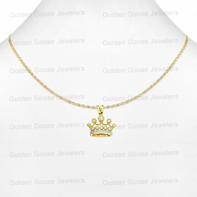 #ad Real 14KT White Or Yellow Gold CZ Crown Charm Pendant Valentino Free Chain $259.99